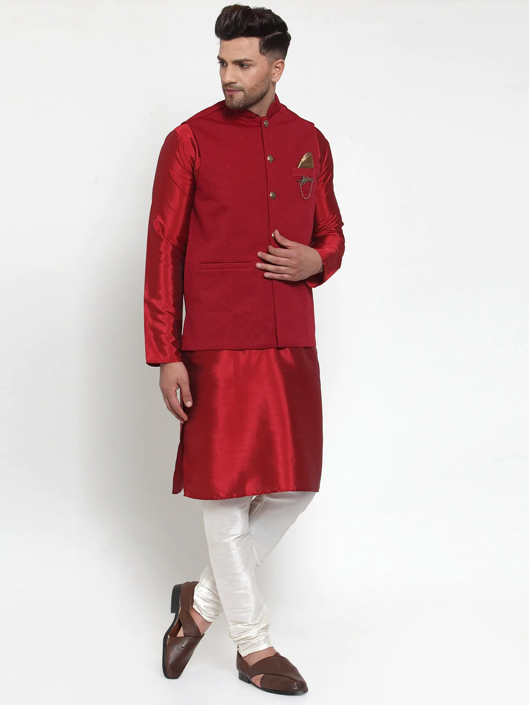 Jompers Men's Maroon Woven Nehru Jacket ( JOWC 4019Maroon )