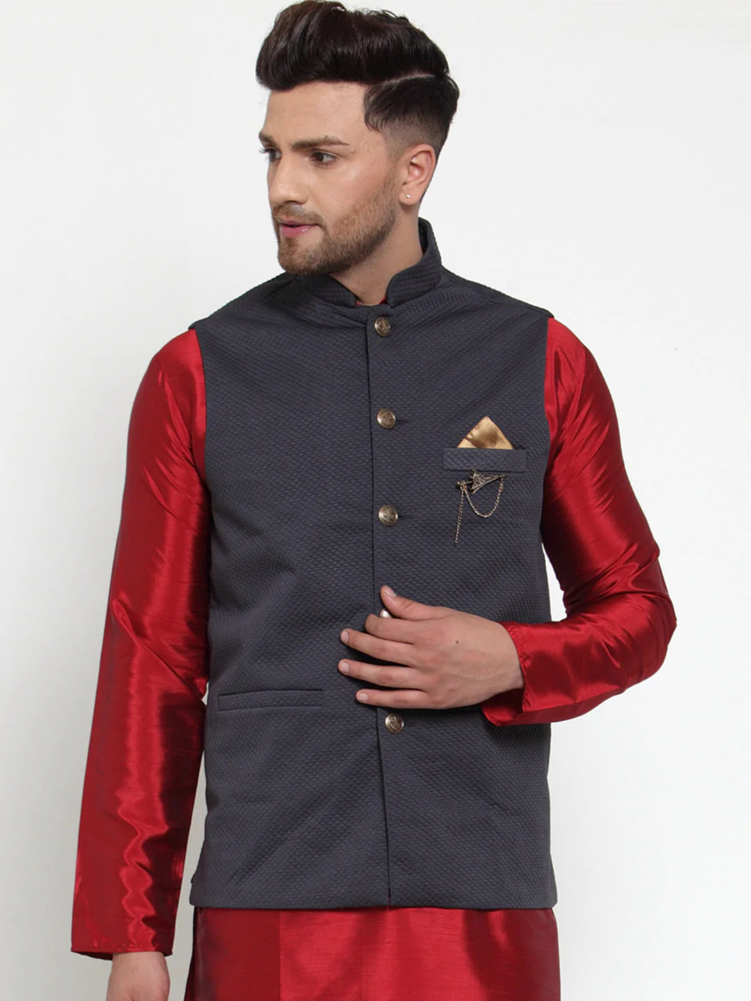 Jompers Men's Navy Woven Nehru Jacket ( JOWC 4019Navy )