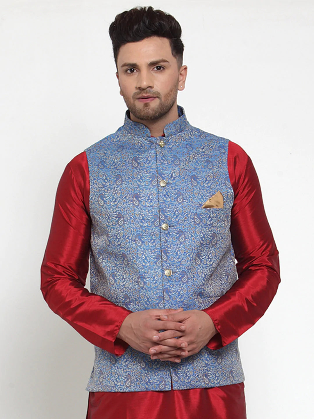 Jompers Men's Blue Woven Jacquard Nehru Jacket ( JOWC 4020Blue )