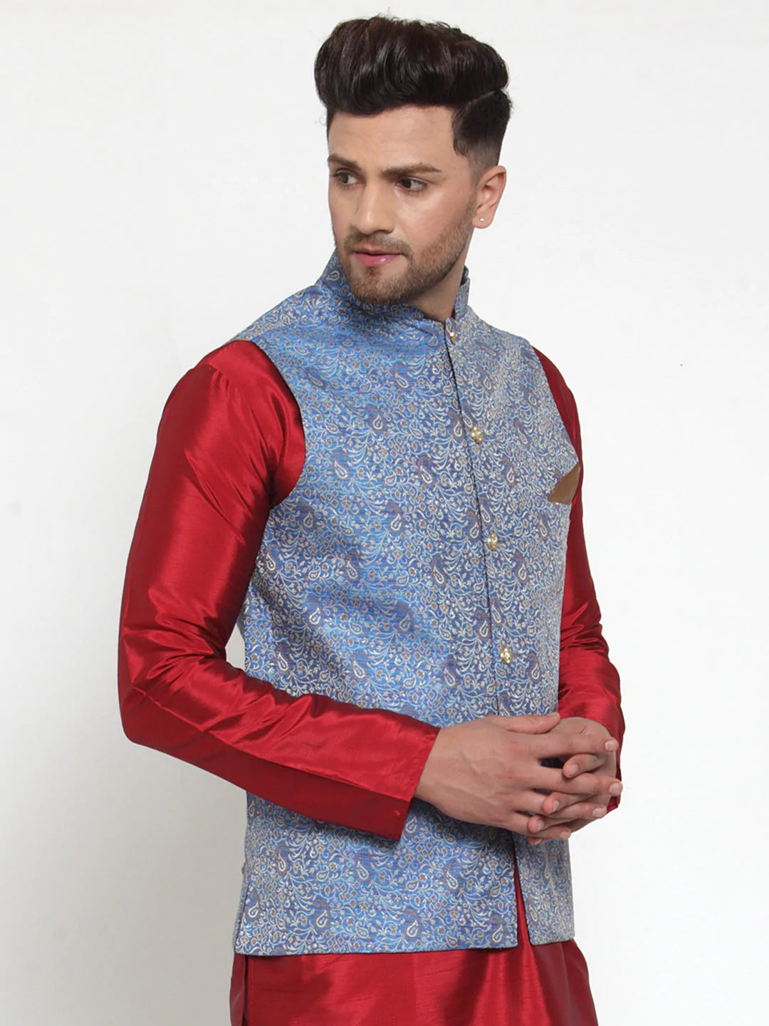 Jompers Men's Blue Woven Jacquard Nehru Jacket ( JOWC 4020Blue )