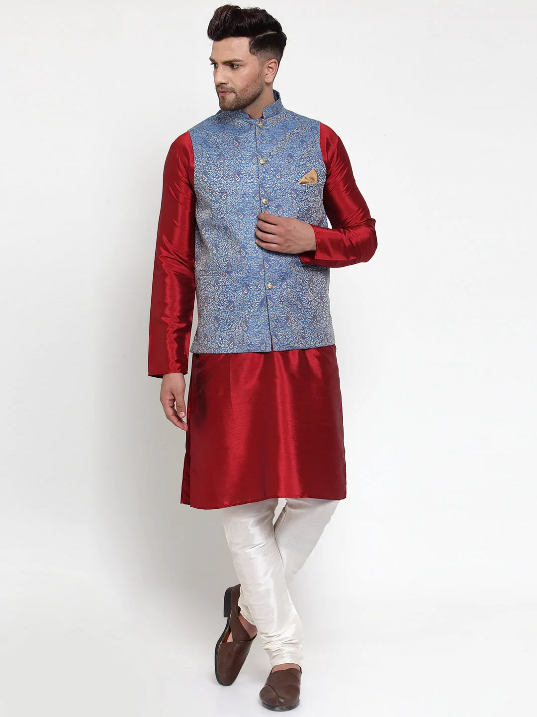Jompers Men's Blue Woven Jacquard Nehru Jacket ( JOWC 4020Blue )