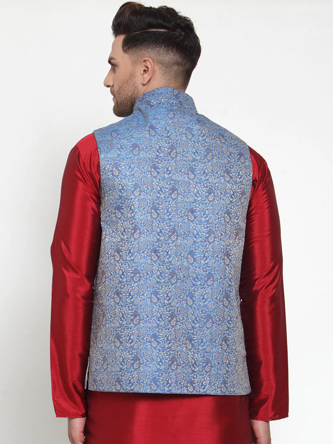 Jompers Men's Blue Woven Jacquard Nehru Jacket ( JOWC 4020Blue )