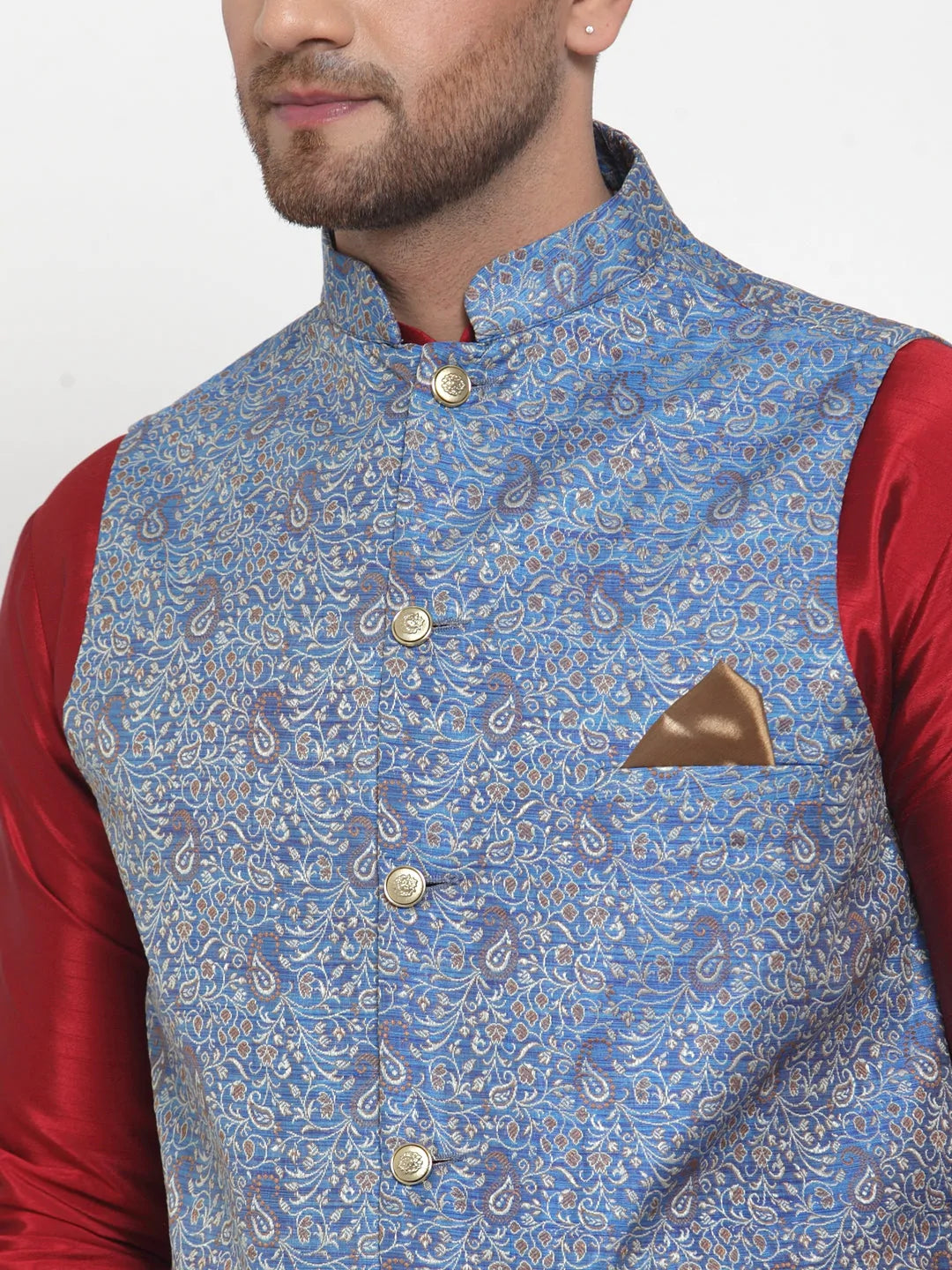 Jompers Men's Blue Woven Jacquard Nehru Jacket ( JOWC 4020Blue )