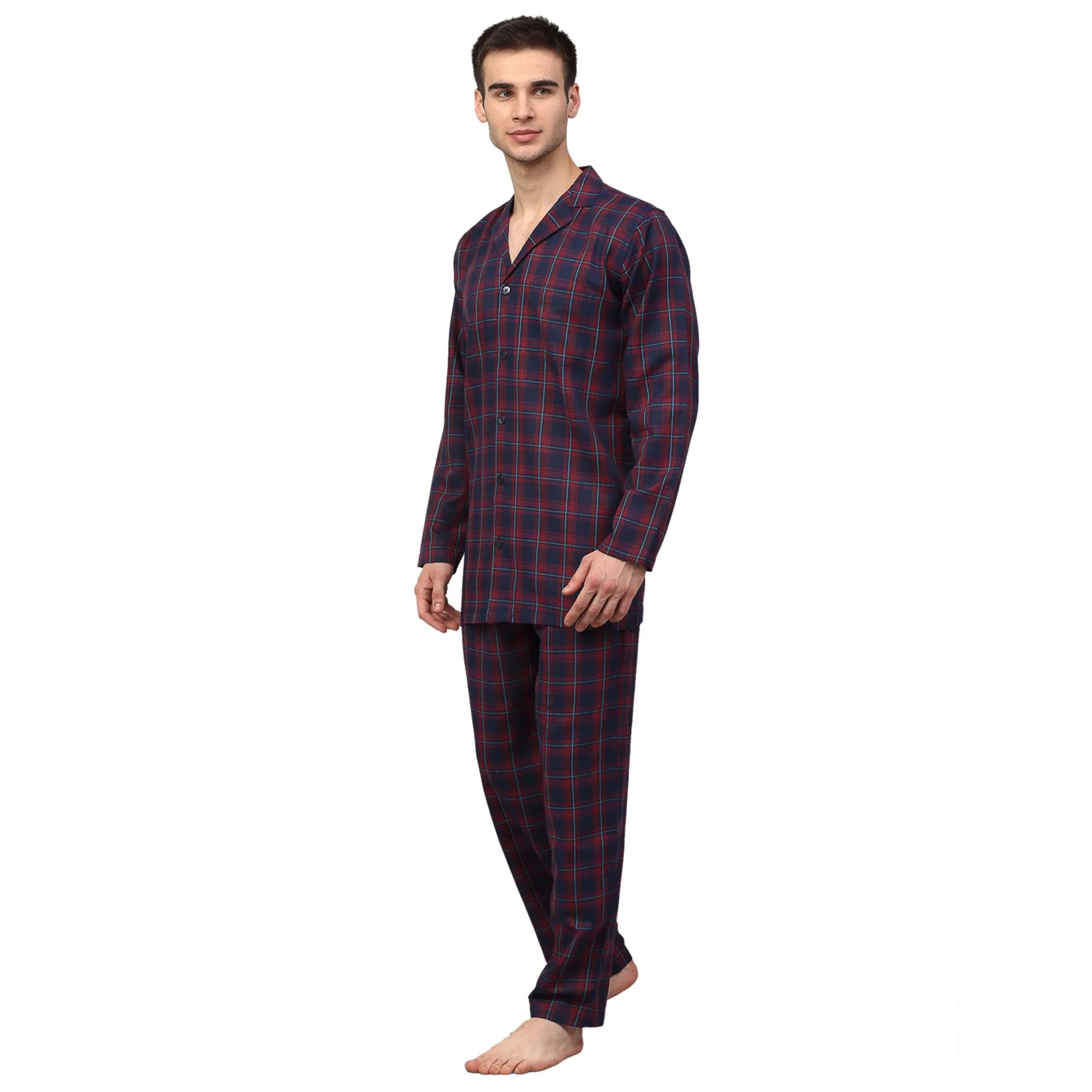 Jainish Men's Blue Checked Night Suits ( GNS 001Blue-Red )