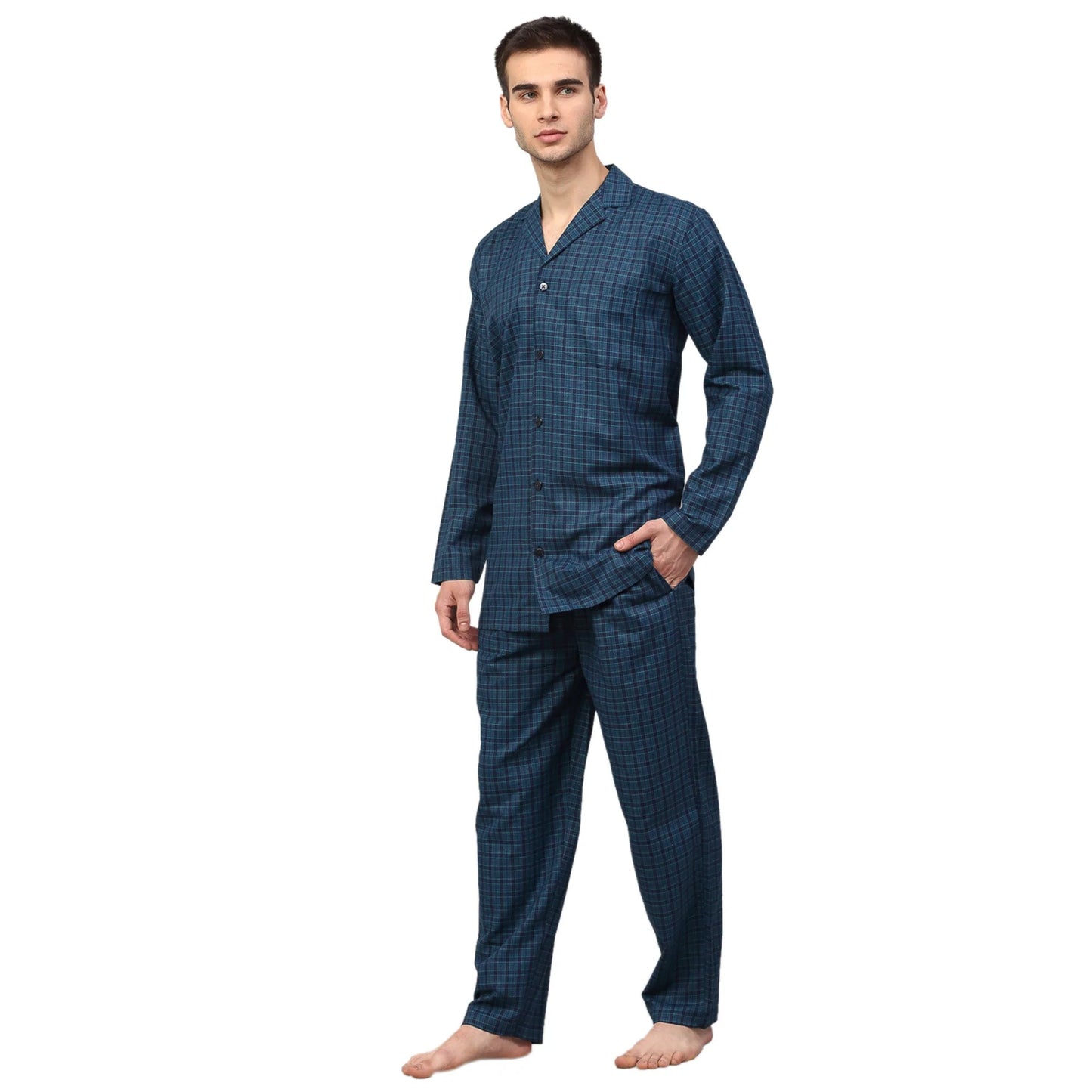 Jainish Men's Blue Checked Night Suits ( GNS 001Blue )