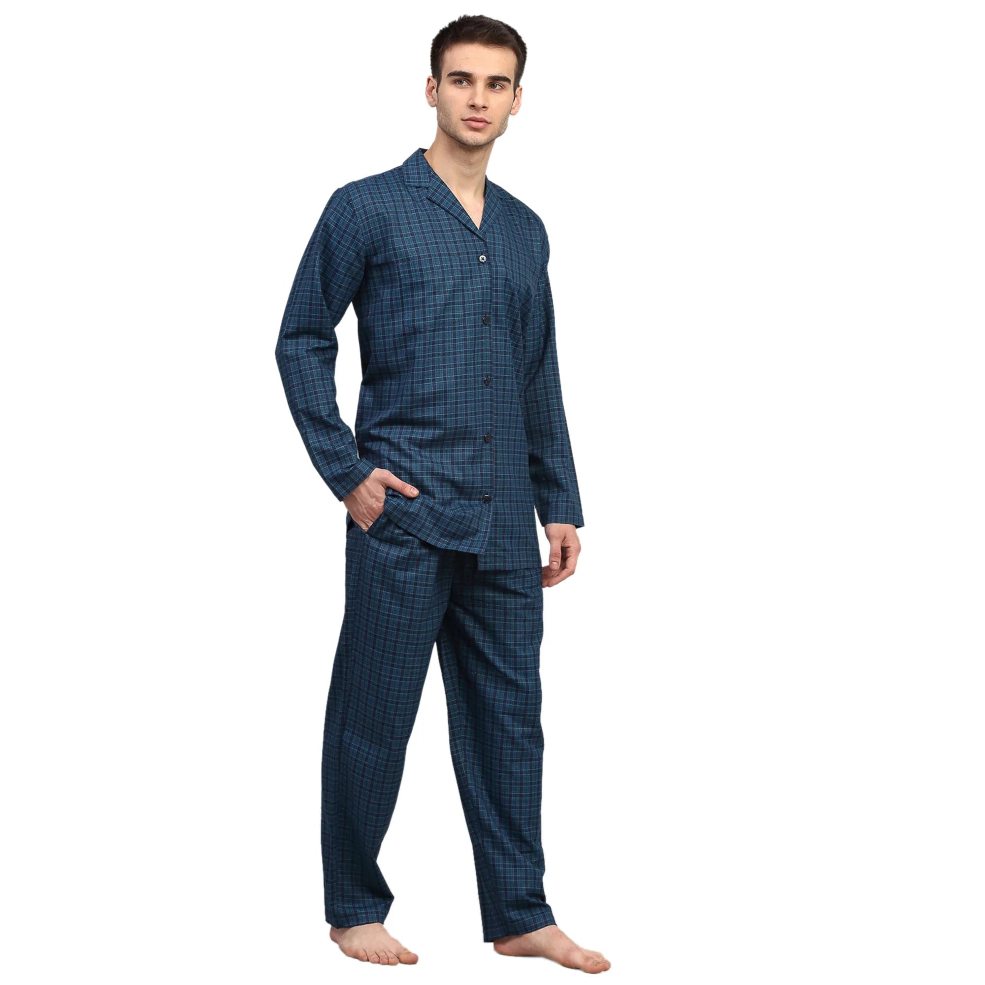 Jainish Men's Blue Checked Night Suits ( GNS 001Blue )