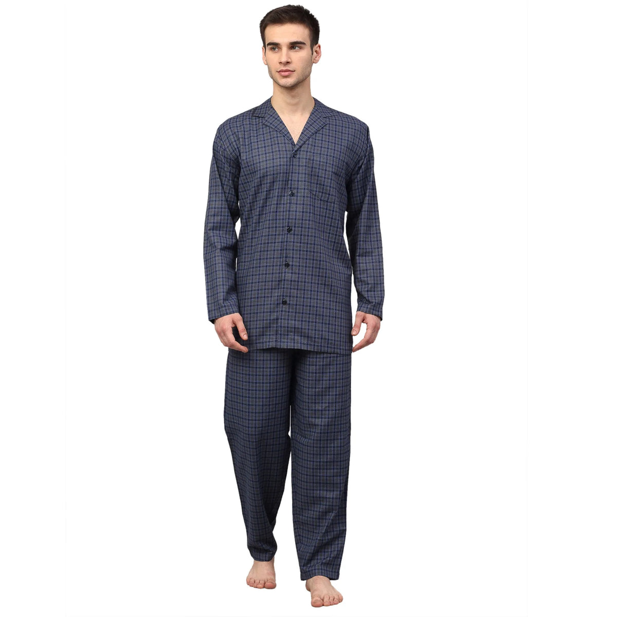 Jainish Men's Navy Blue Checked Night Suits ( GNS 001Navy-Grey )