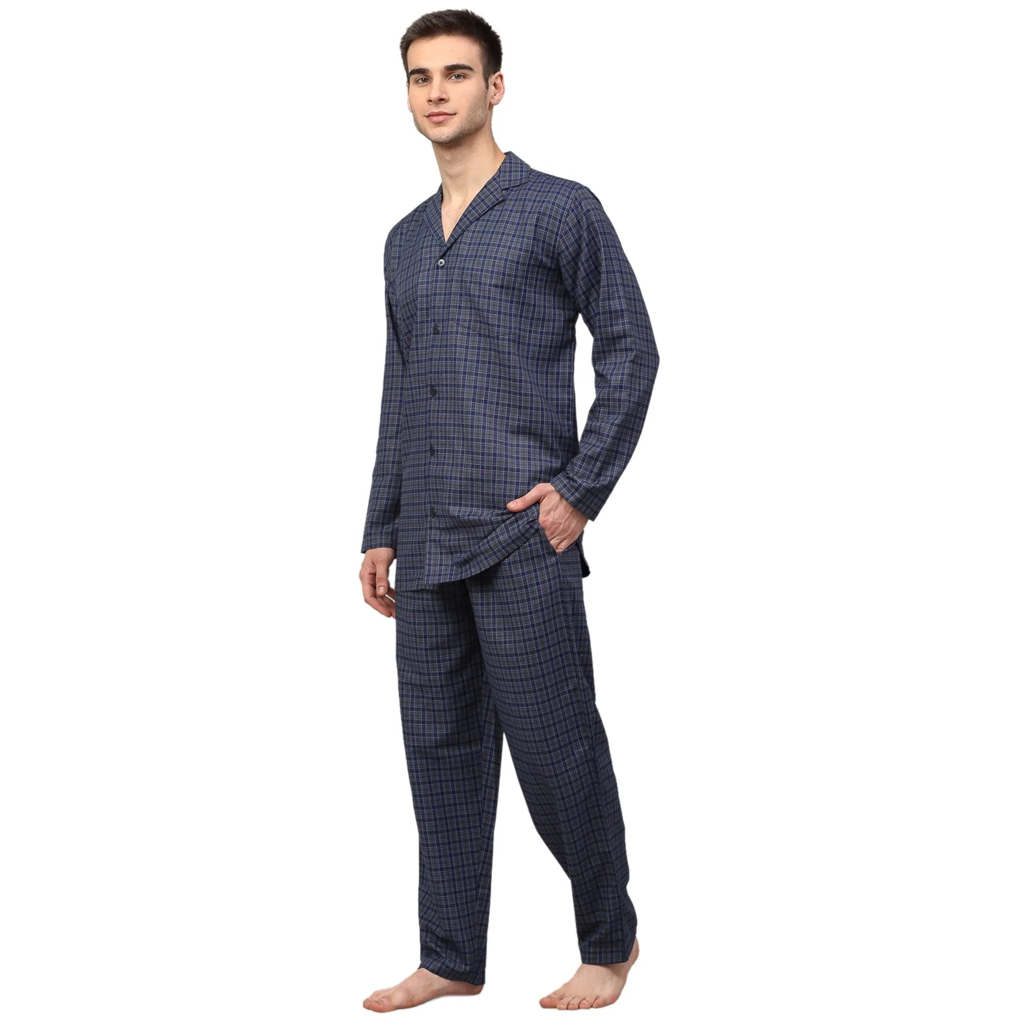 Jainish Men's Navy Blue Checked Night Suits ( GNS 001Navy-Grey )