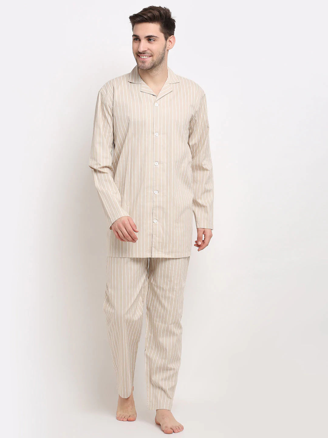 Jainish Men's Cream Cotton Striped Night Suits ( GNS 002Cream )
