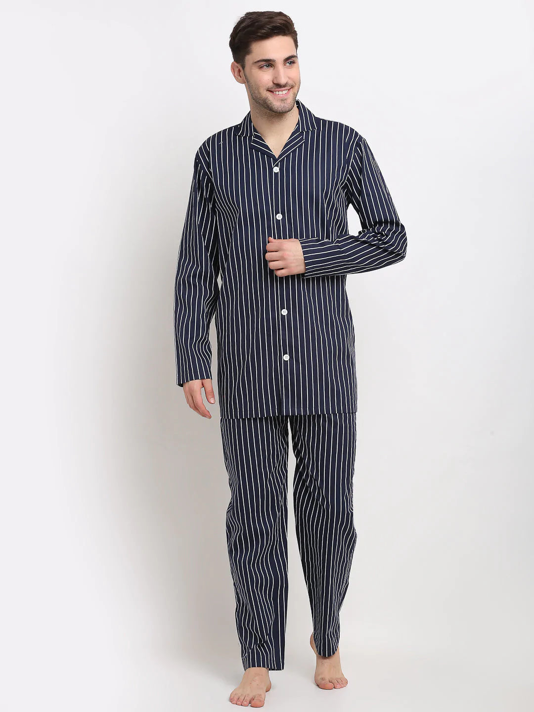 Jainish Men's Navy Cotton Striped Night Suits ( GNS 002Navy )