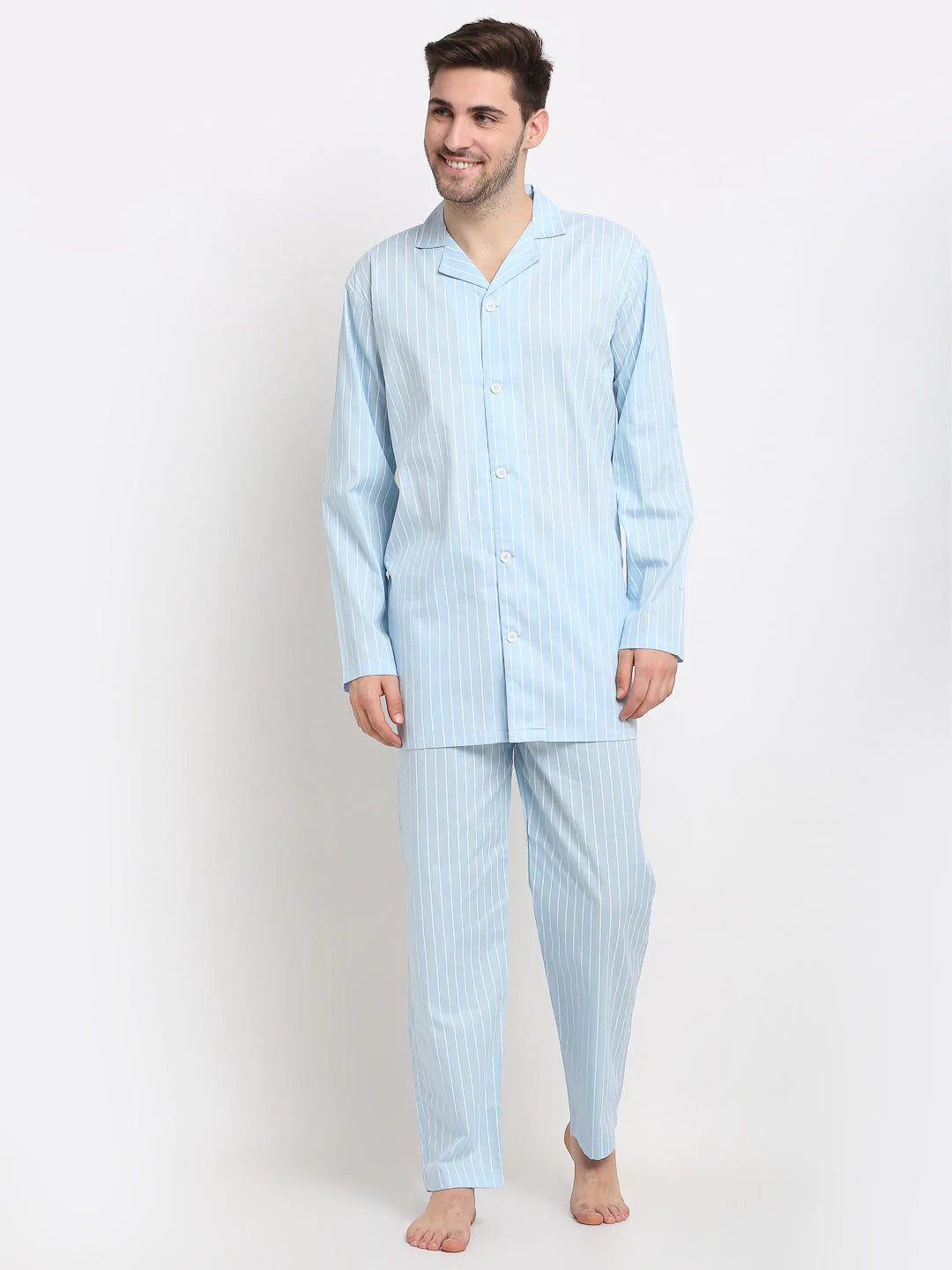Jainish Men's Sky Cotton Striped Night Suits ( GNS 002Sky )
