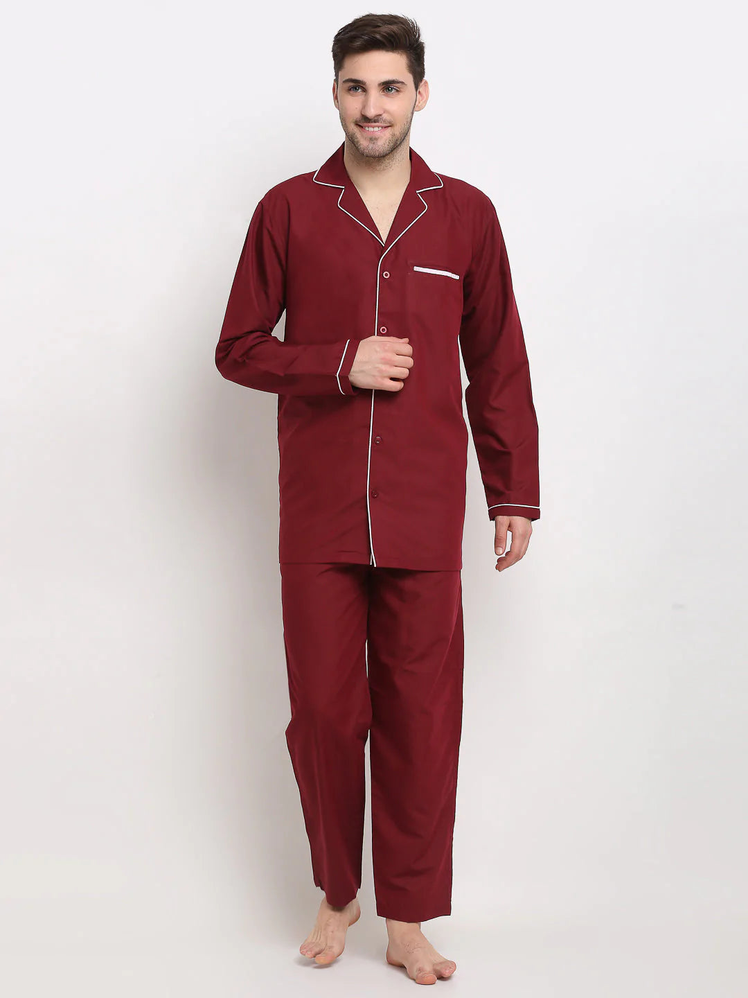 Jainish Men's Maroon Cotton Solid Night Suits ( GNS 003Maroon )