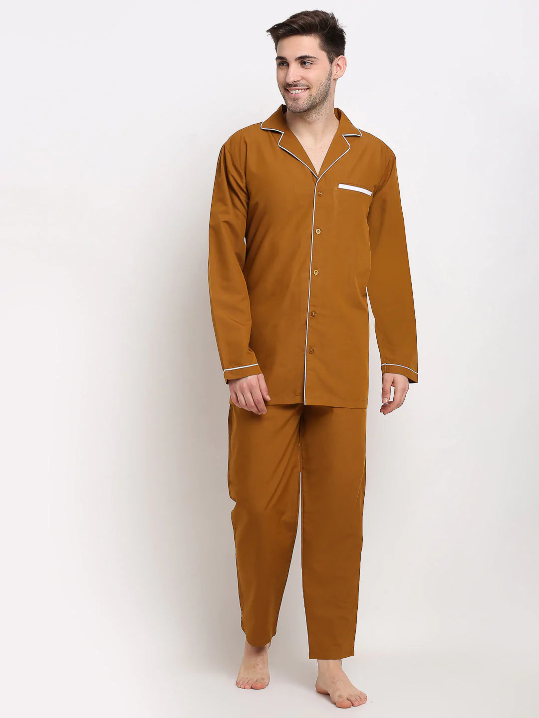 Jainish Men's Mustard Cotton Solid Night Suits ( GNS 003Mustard )