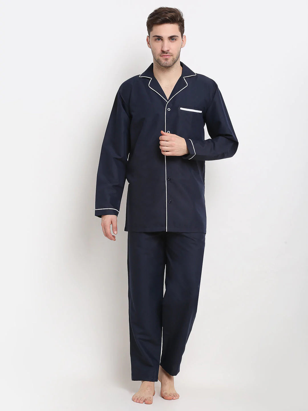 Jainish Men's Navy Cotton Solid Night Suits ( GNS 003Navy )