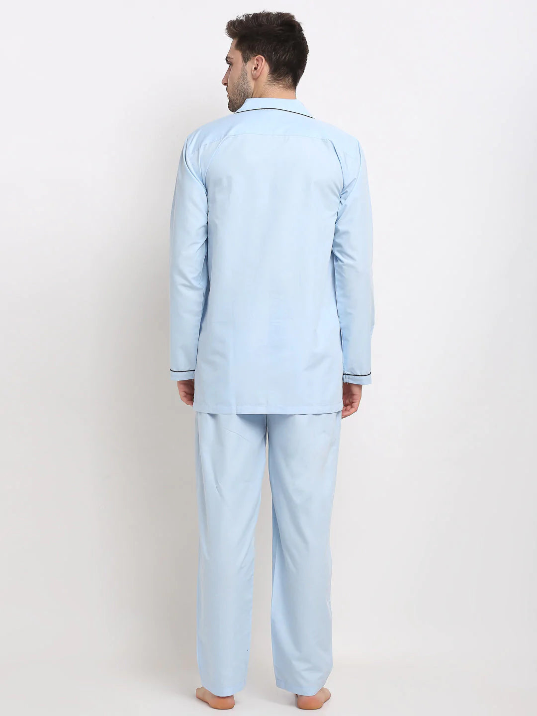 Jainish Men's Sky Cotton Solid Night Suits ( GNS 003Sky )