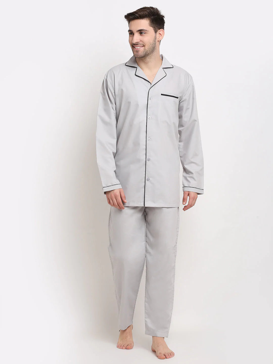 Jainish Men's Steel-Grey Cotton Solid Night Suits ( GNS 003Steel-Grey )