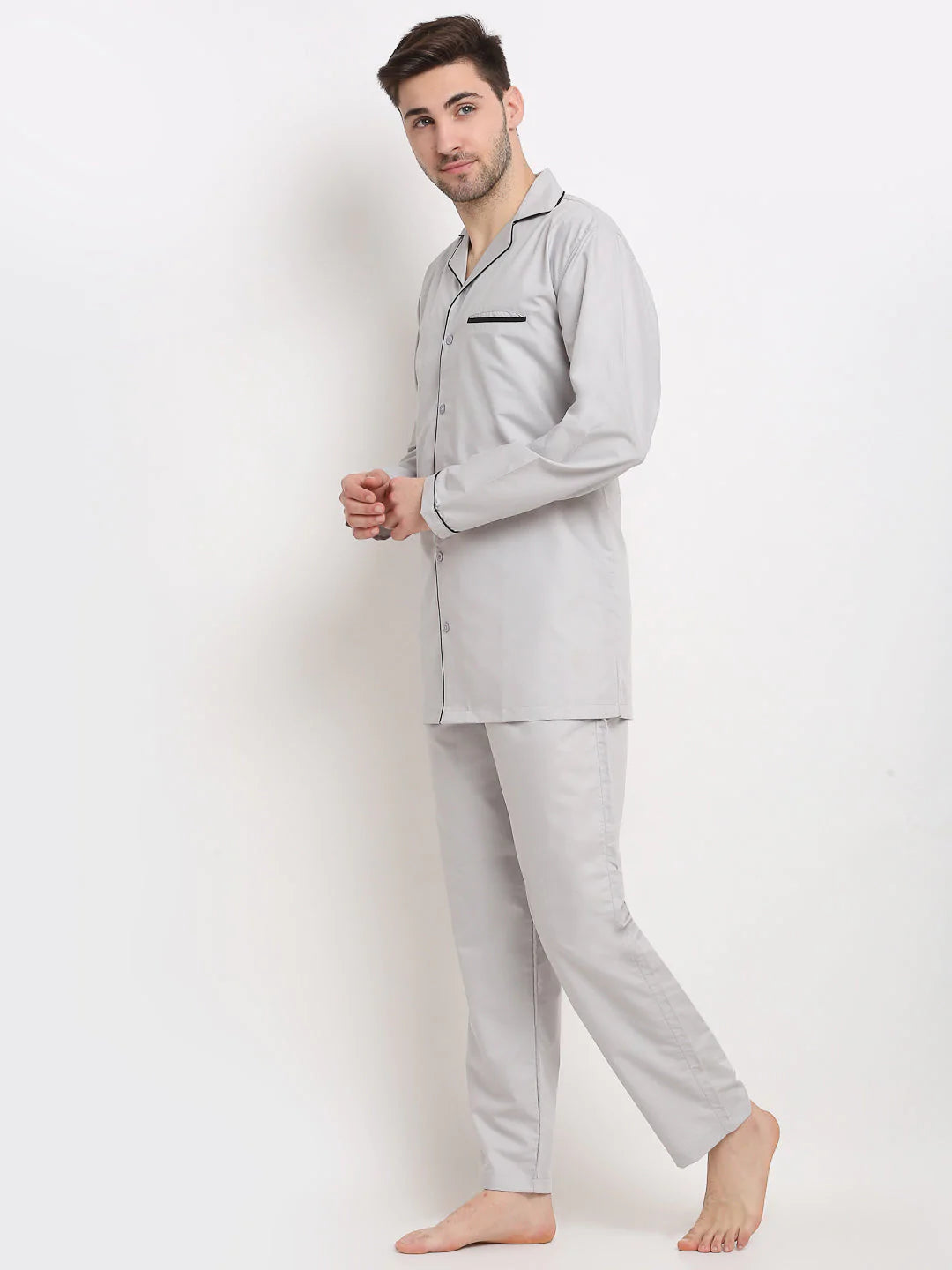 Jainish Men's Steel-Grey Cotton Solid Night Suits ( GNS 003Steel-Grey )