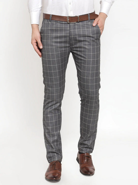 Jainish Men's Grey Checked Formal Trousers ( GP 254Grey )