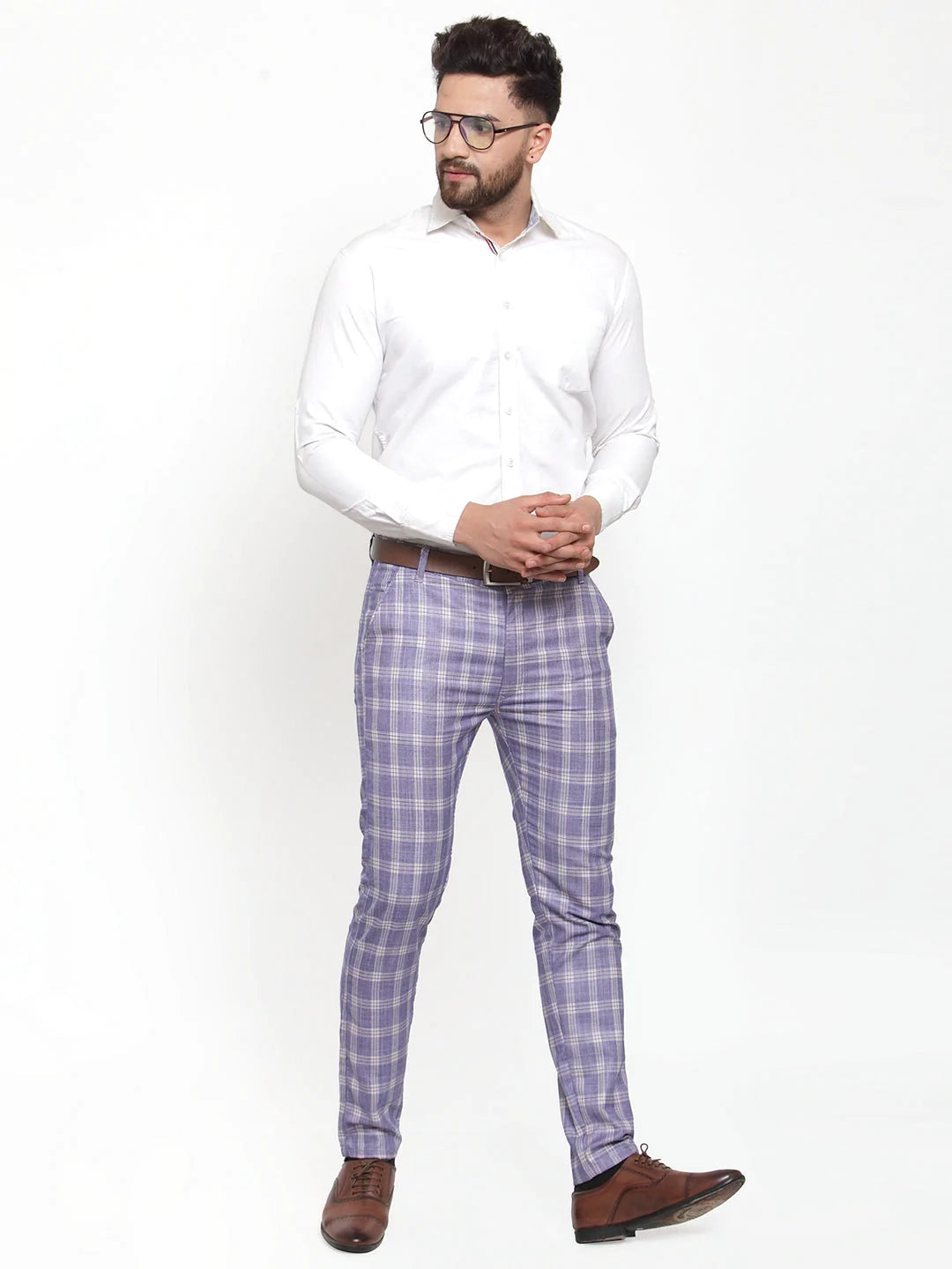 Jainish Men's Blue Checked Formal Trousers ( GP 254Light-Blue )