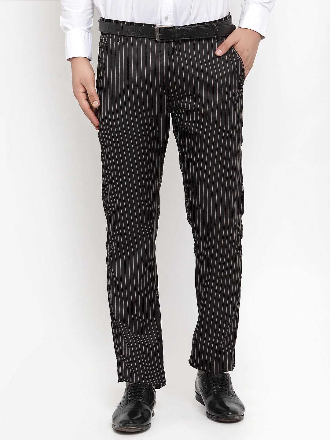 Jainish Men's Black Cotton Striped Formal Trousers ( FGP 255Black )