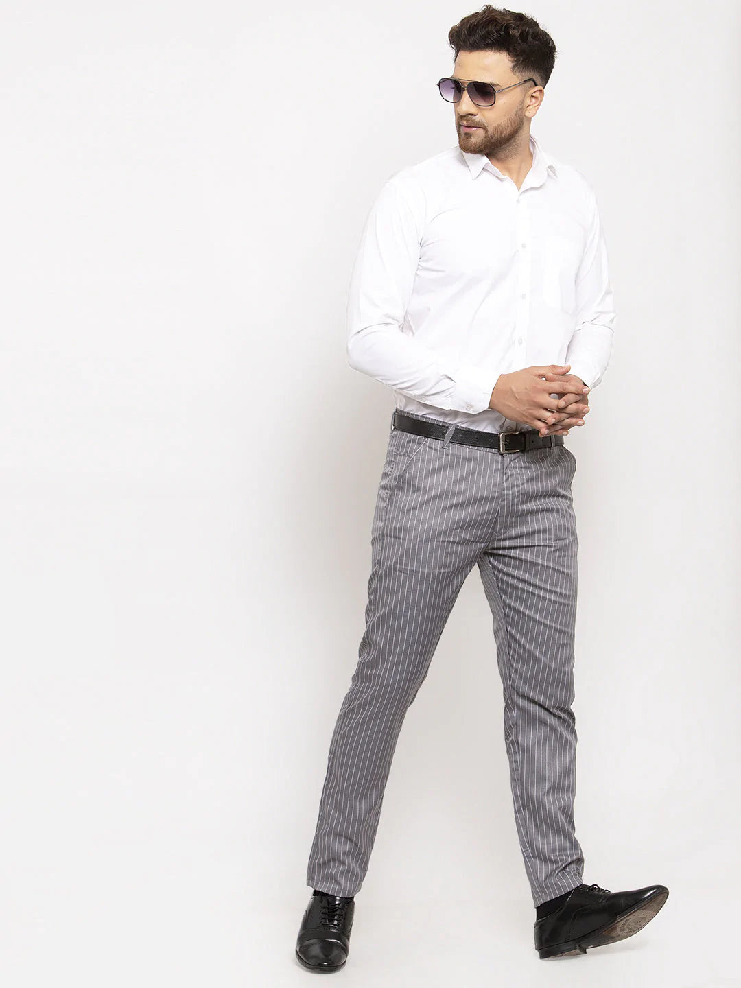 Jainish Men's Grey Cotton Striped Formal Trousers ( FGP 255Grey )