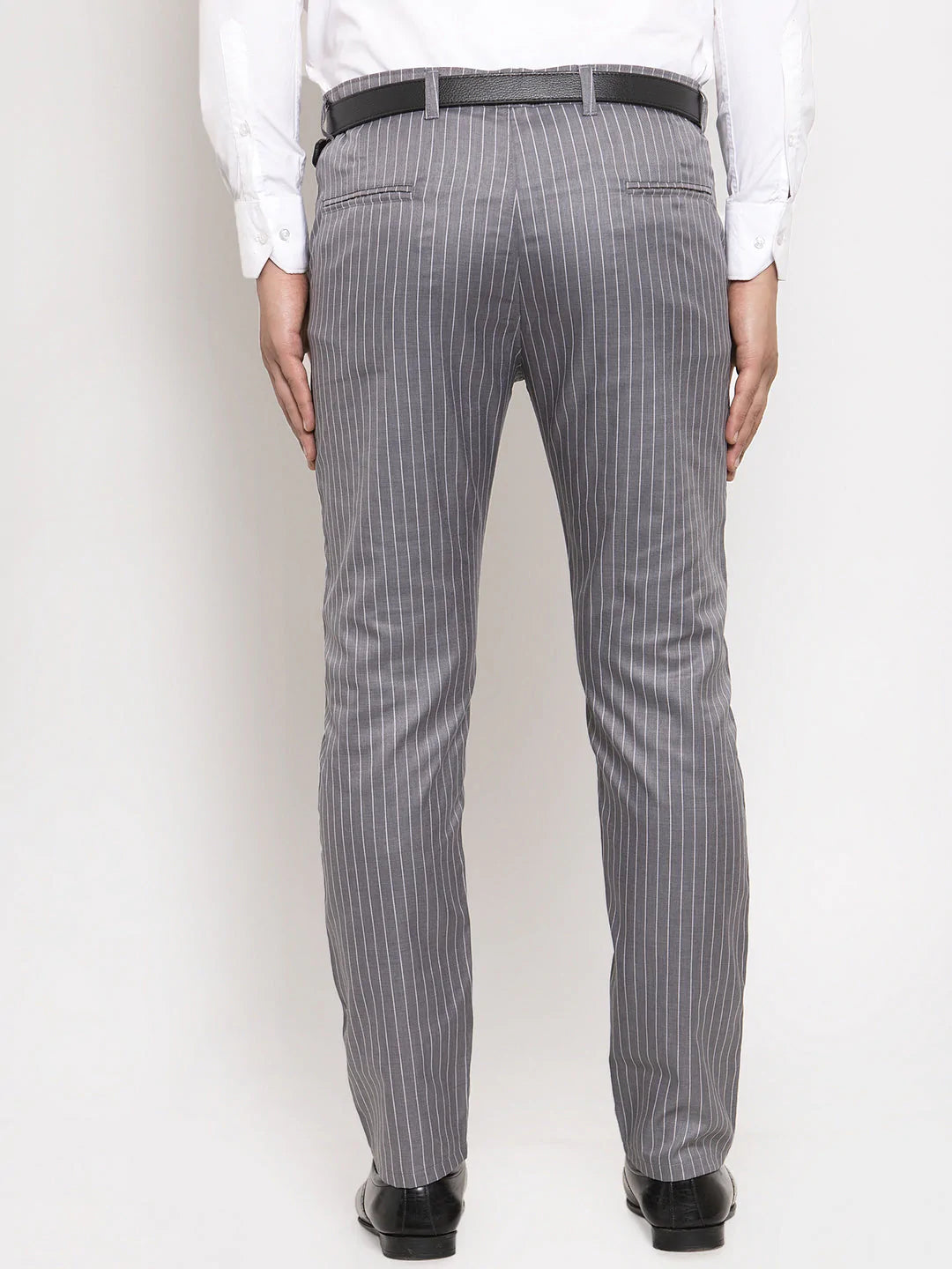 Jainish Men's Grey Cotton Striped Formal Trousers ( FGP 255Grey )