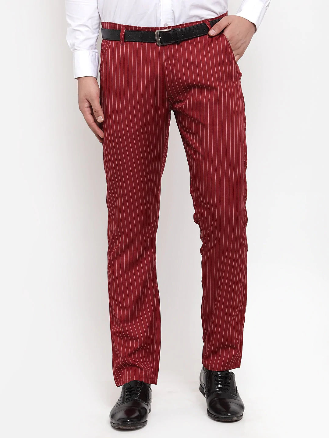 Jainish Men's Red Cotton Striped Formal Trousers ( FGP 255Maroon )