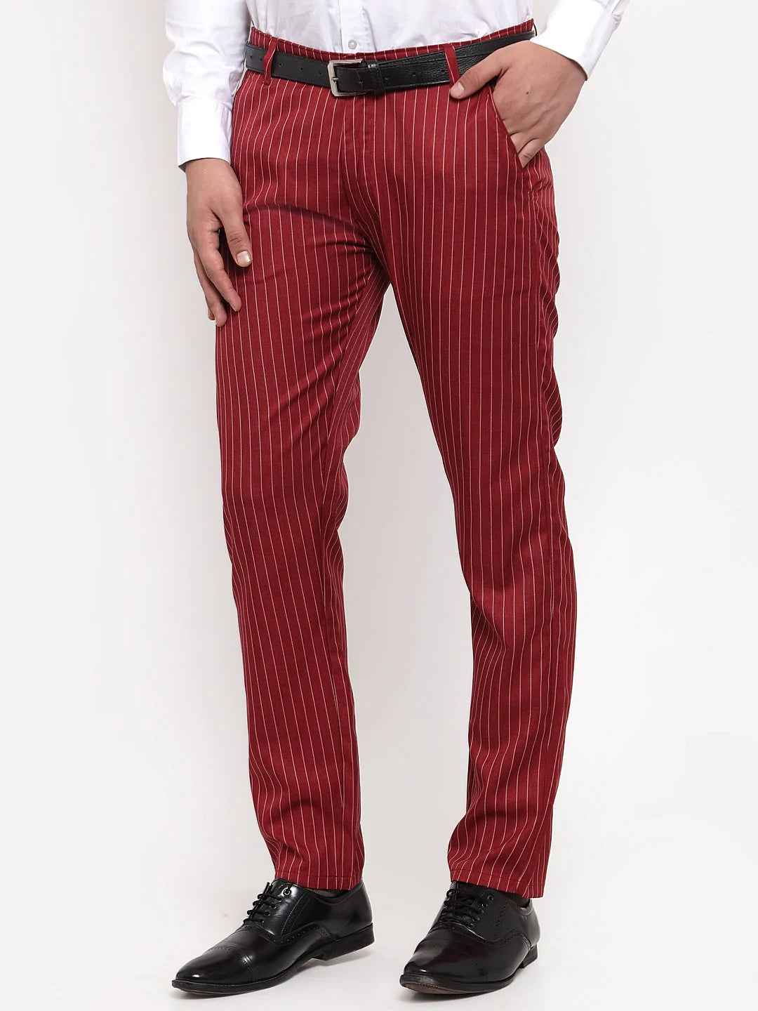 Jainish Men's Red Cotton Striped Formal Trousers ( FGP 255Maroon )