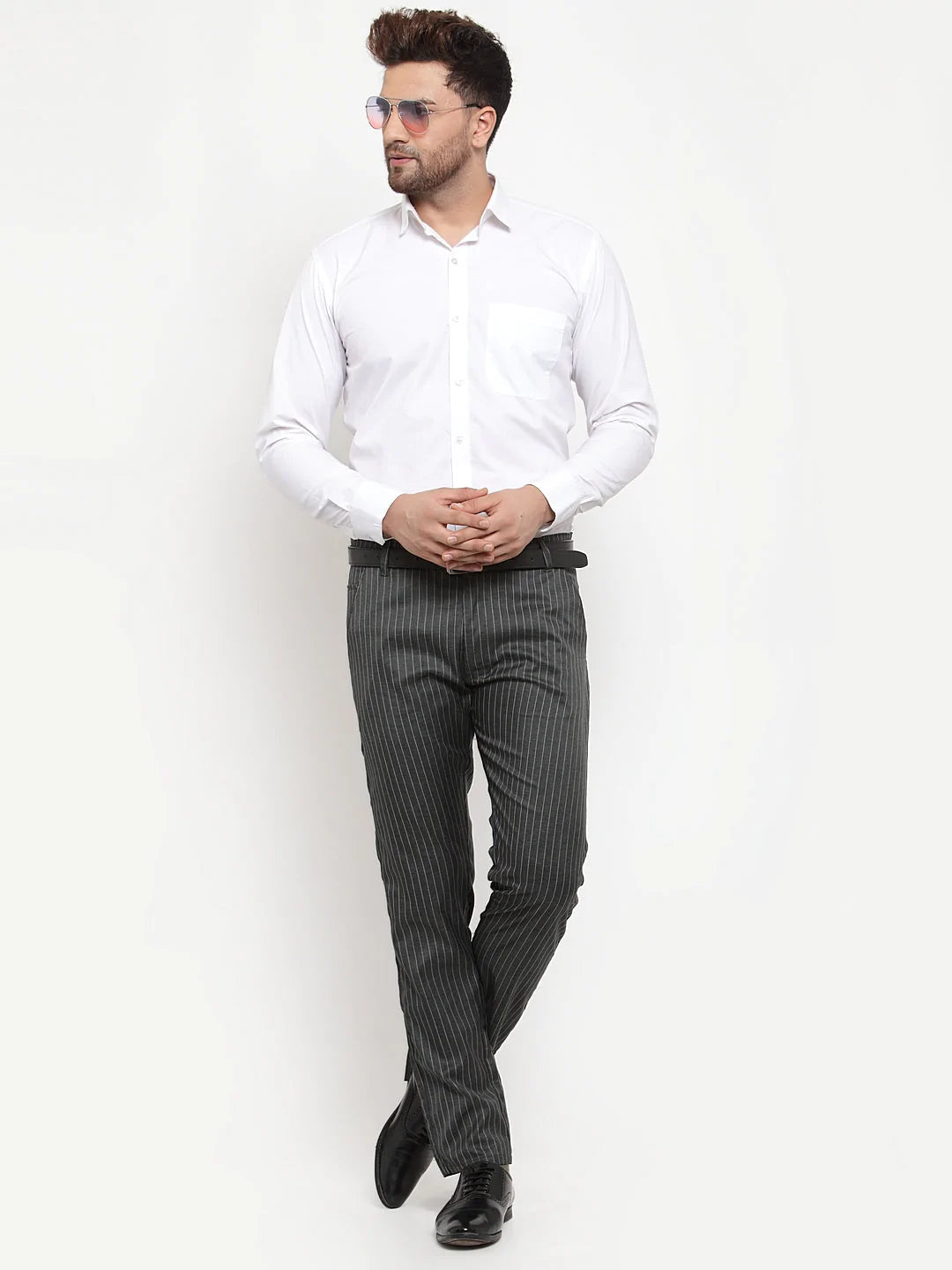 Jainish Men's Green Cotton Striped Formal Trousers ( FGP 255Olive )