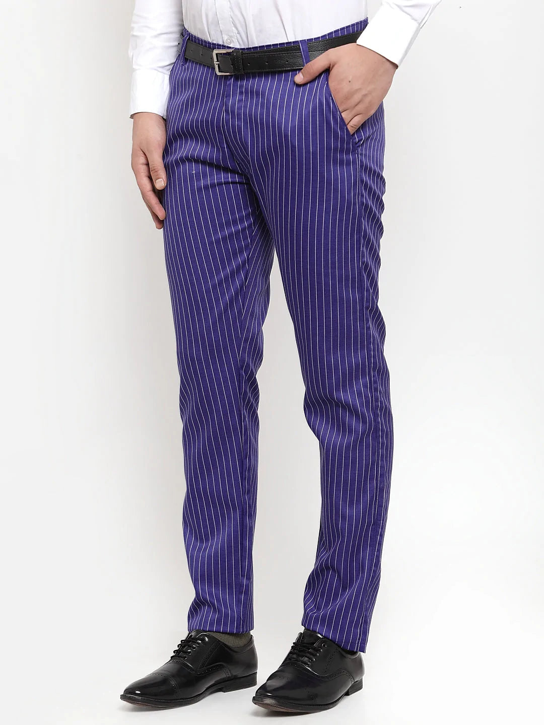 Jainish Men's Blue Cotton Striped Formal Trousers ( FGP 255Royal-Blue )