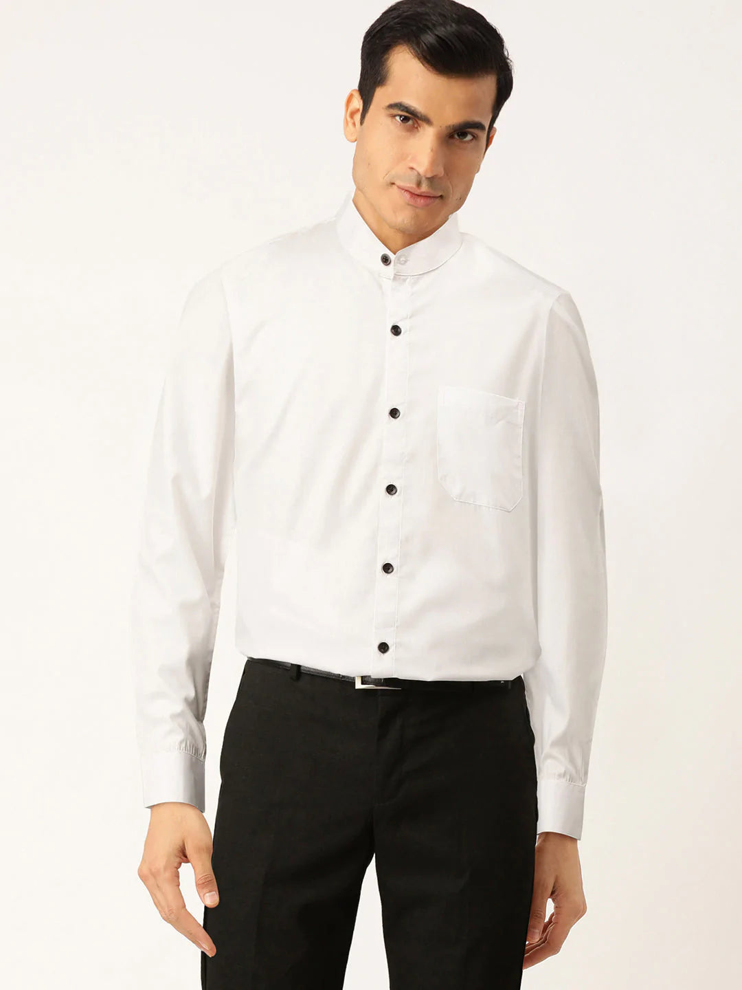 Jainish White Men's Cotton Solid Mandarin Collar Formal Shirts ( SF 726White )