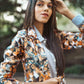 Jompers Women Mustard Yellow & Grey Satin Finish Printed Single-Breasted Blazer ( JOB 6002 Mustard )