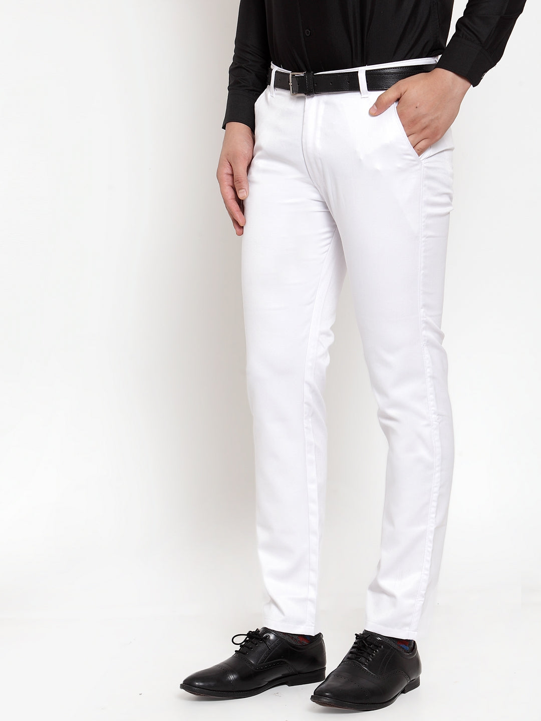 Jainish Men's White Tapered Fit Formal Trousers