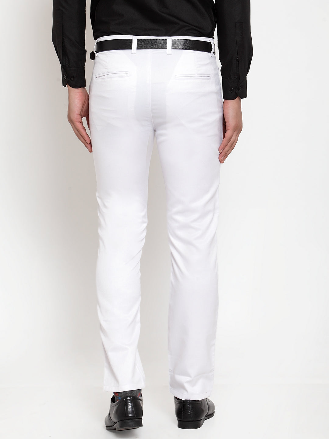 Jainish Men's White Tapered Fit Formal Trousers