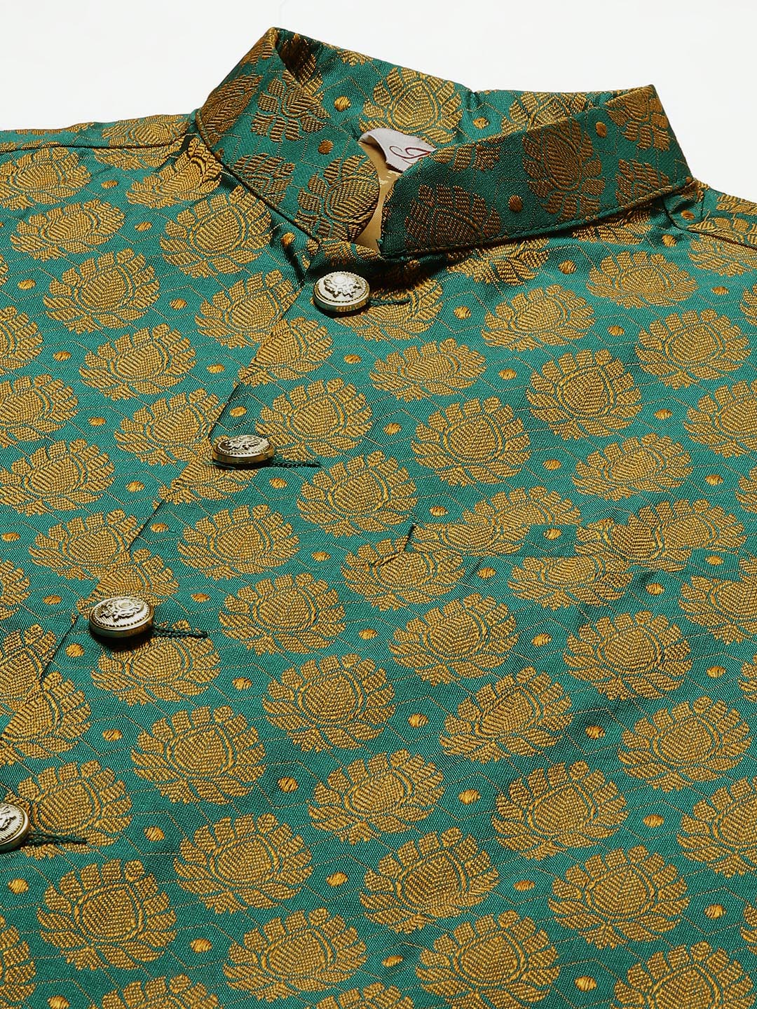 Men's Woven Design Nehru Jacket and Kurta Pyjama Set ( JOKPWC G-D 4026 Green )