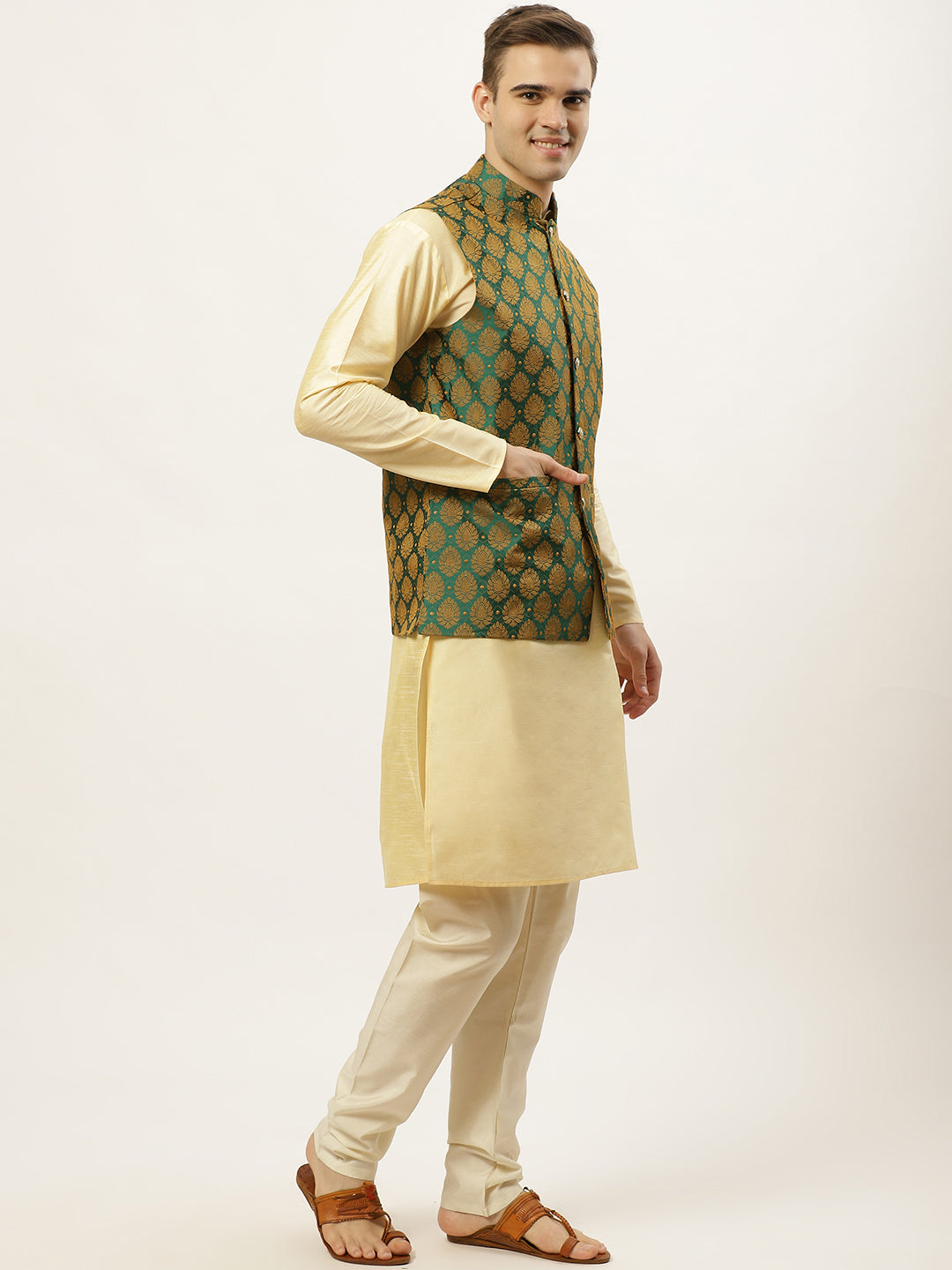Men's Woven Design Nehru Jacket and Kurta Pyjama Set ( JOKPWC G-D 4026 Green )