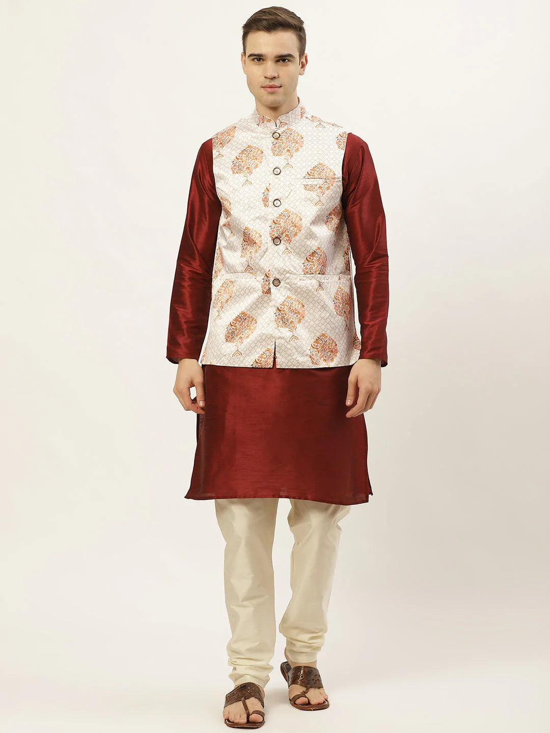 Jompers Men's Solid Dupion Kurta Pajama with Printed Nehru Jacket ( JOKPWC M-D 4014White )
