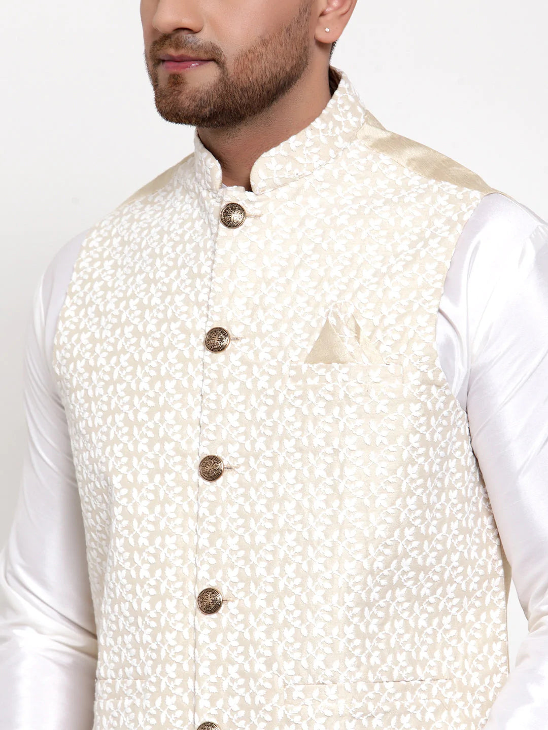 Jompers Men's Solid Dupion Kurta Pajama with Embroidered Nehru Jacket ( JOKPWC OW-D 4012Beige )