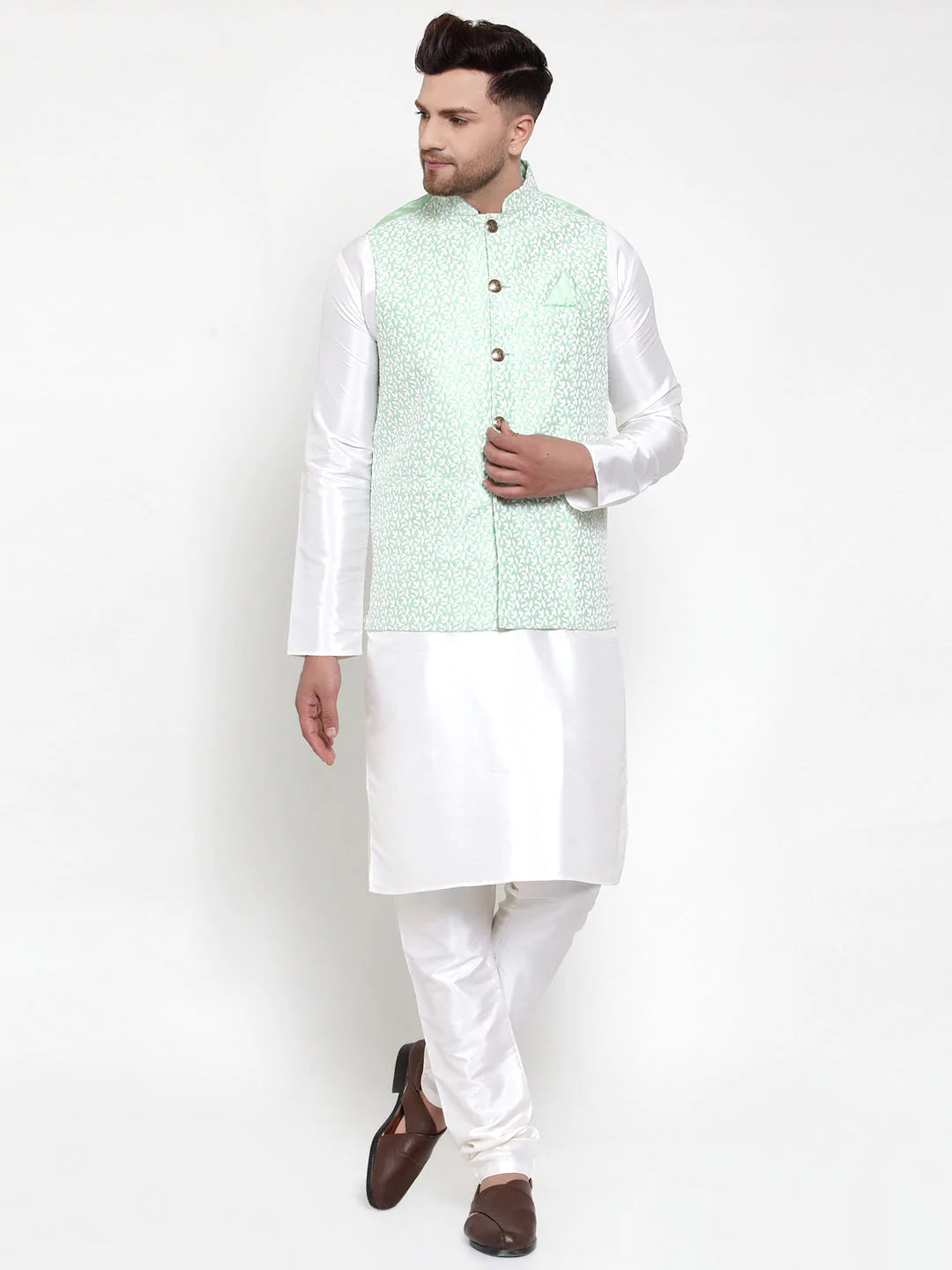 Jompers Men's Solid Dupion Kurta Pajama with Embroidered Nehru Jacket ( JOKPWC OW-D 4012Light-Green )