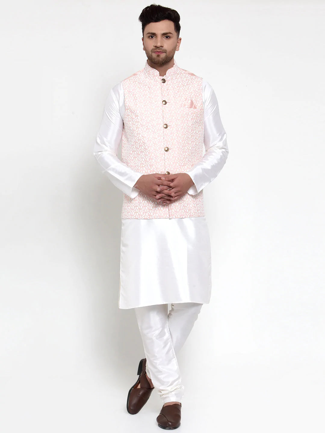 Jompers Men's Solid Dupion Kurta Pajama with Embroidered Nehru Jacket ( JOKPWC OW-D 4012Pink )