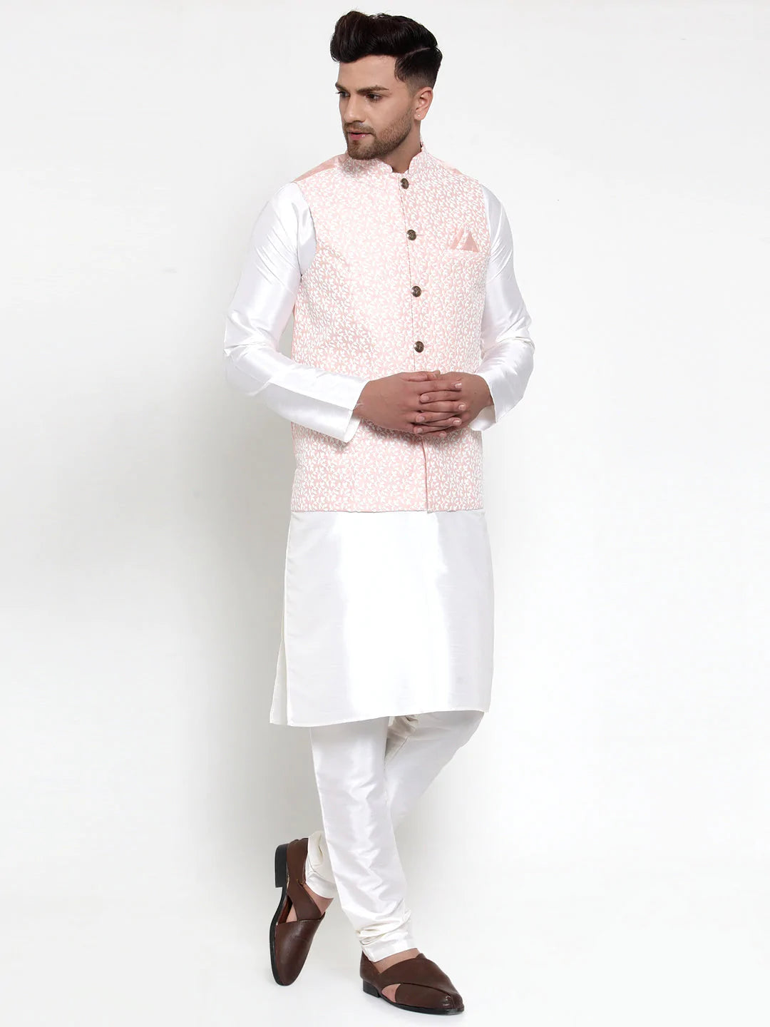 Jompers Men's Solid Dupion Kurta Pajama with Embroidered Nehru Jacket ( JOKPWC OW-D 4012Pink )