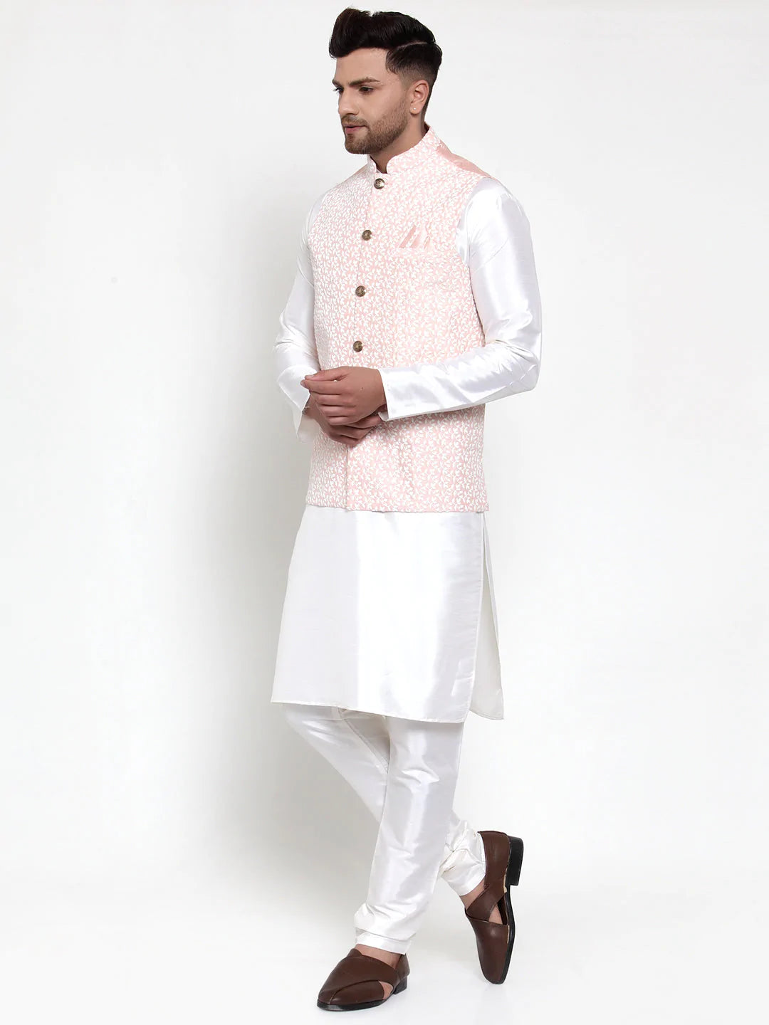 Jompers Men's Solid Dupion Kurta Pajama with Embroidered Nehru Jacket ( JOKPWC OW-D 4012Pink )