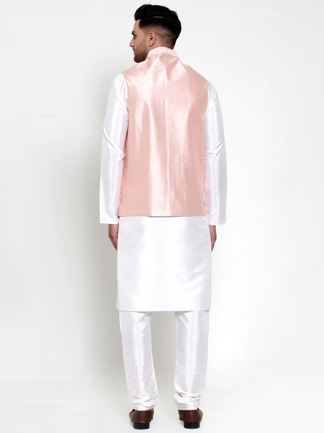Jompers Men's Solid Dupion Kurta Pajama with Embroidered Nehru Jacket ( JOKPWC OW-D 4012Pink )