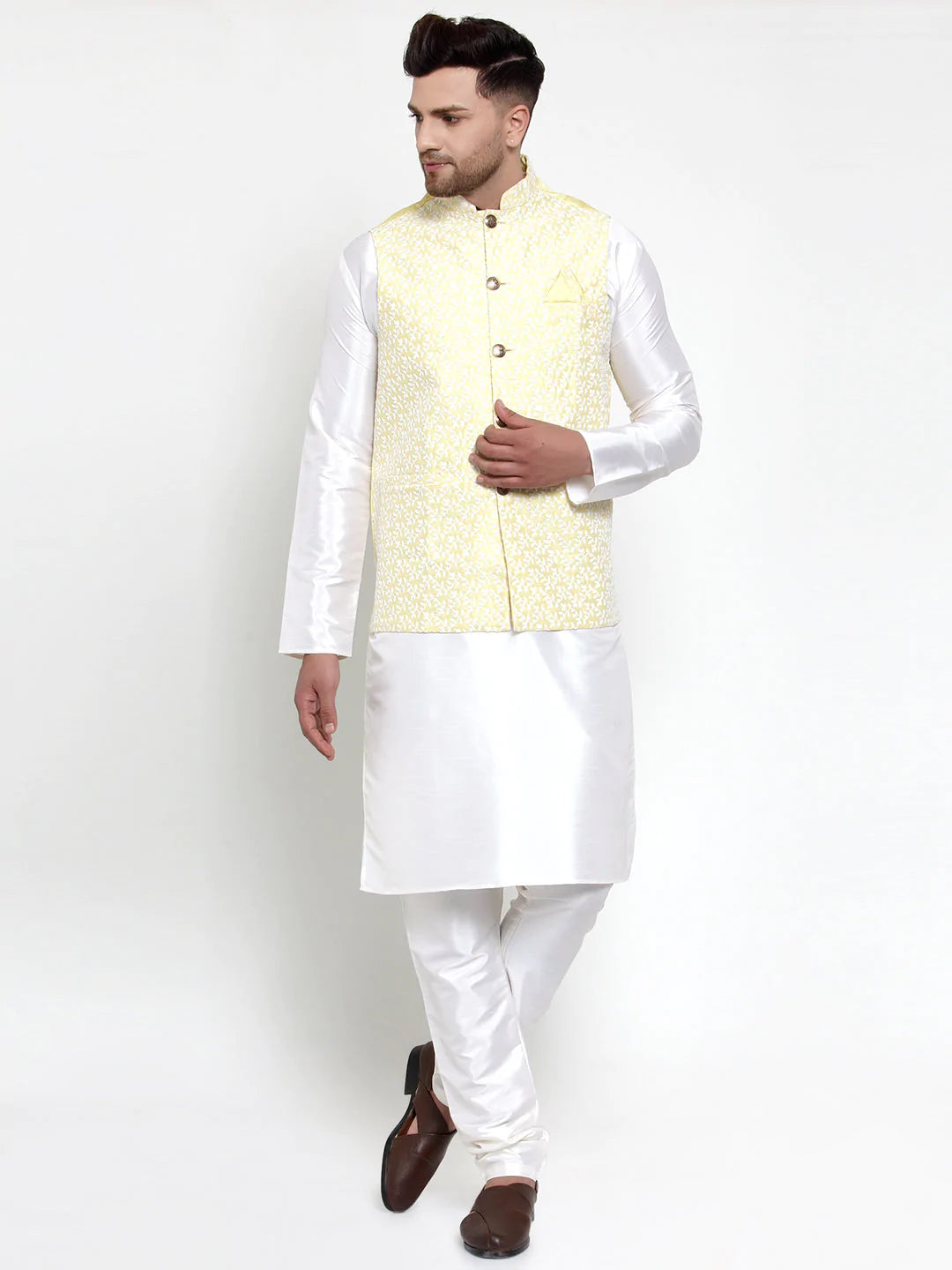 Jompers Men's Solid Dupion Kurta Pajama with Embroidered Nehru Jacket ( JOKPWC OW-D 4012Yellow )