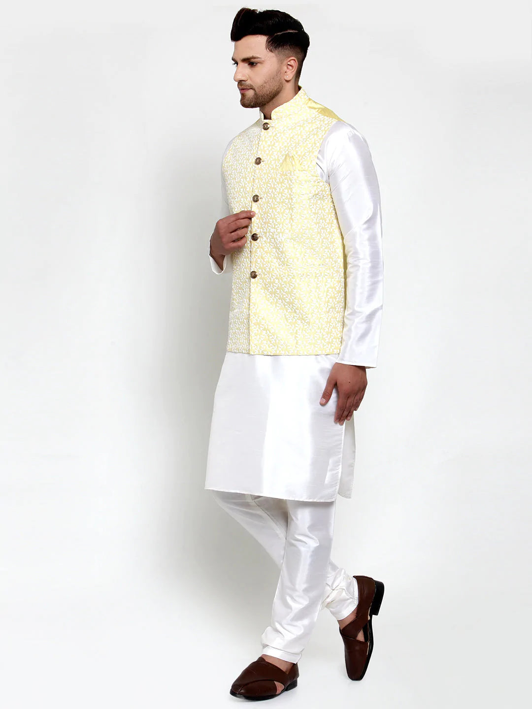 Jompers Men's Solid Dupion Kurta Pajama with Embroidered Nehru Jacket ( JOKPWC OW-D 4012Yellow )