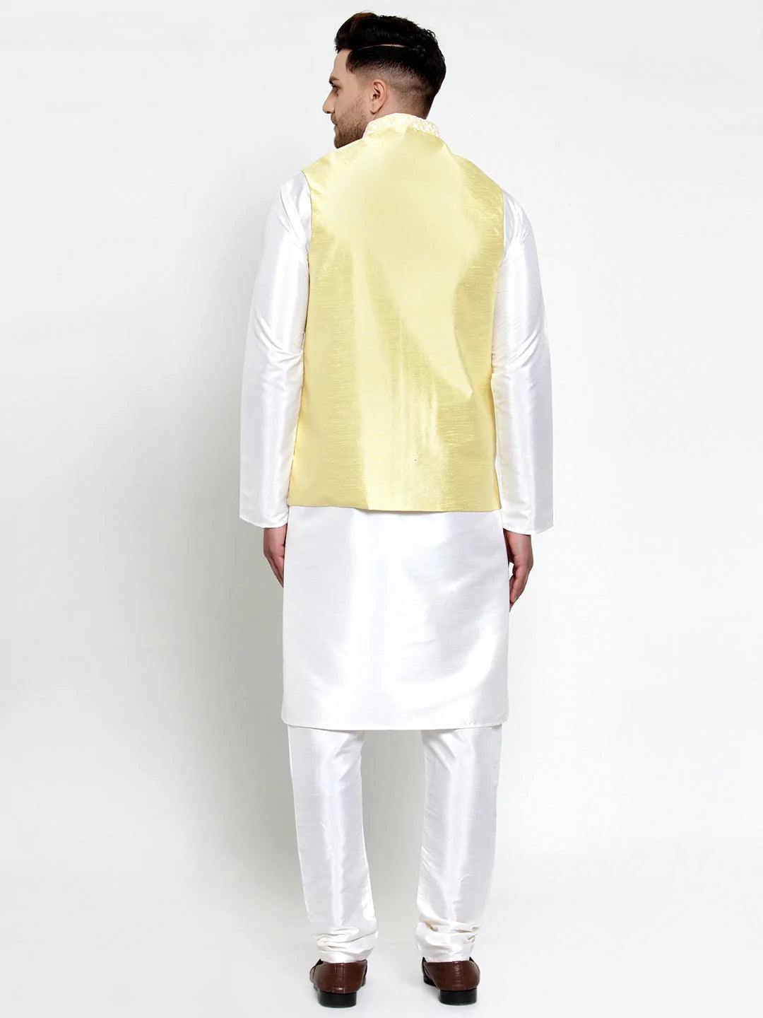 Jompers Men's Solid Dupion Kurta Pajama with Embroidered Nehru Jacket ( JOKPWC OW-D 4012Yellow )