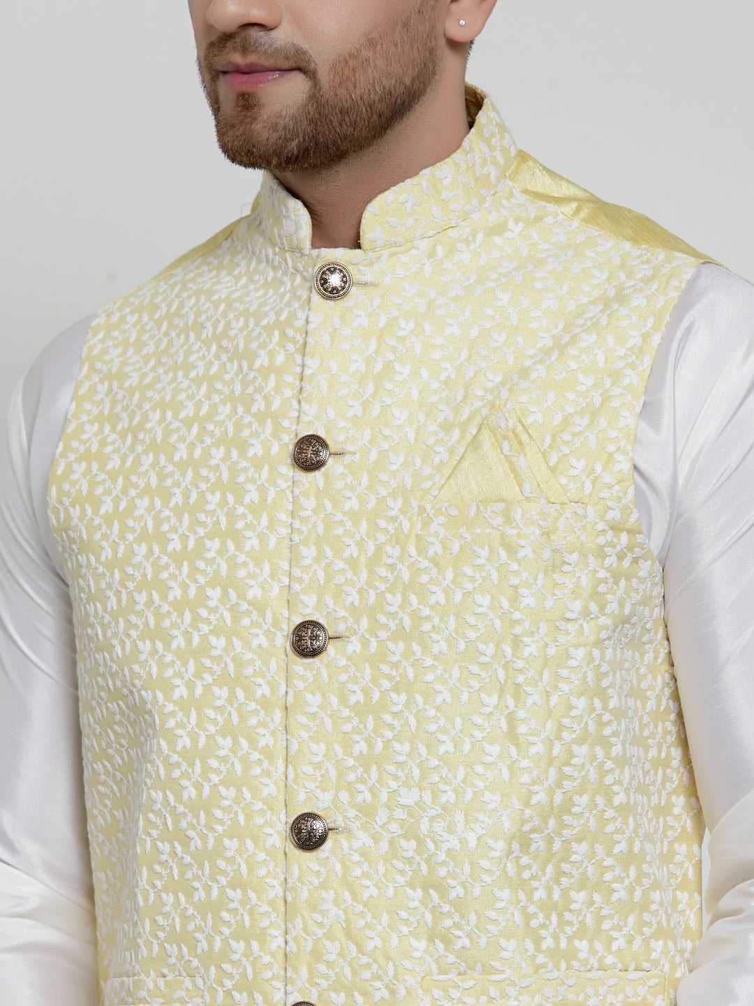 Jompers Men's Solid Dupion Kurta Pajama with Embroidered Nehru Jacket ( JOKPWC OW-D 4012Yellow )