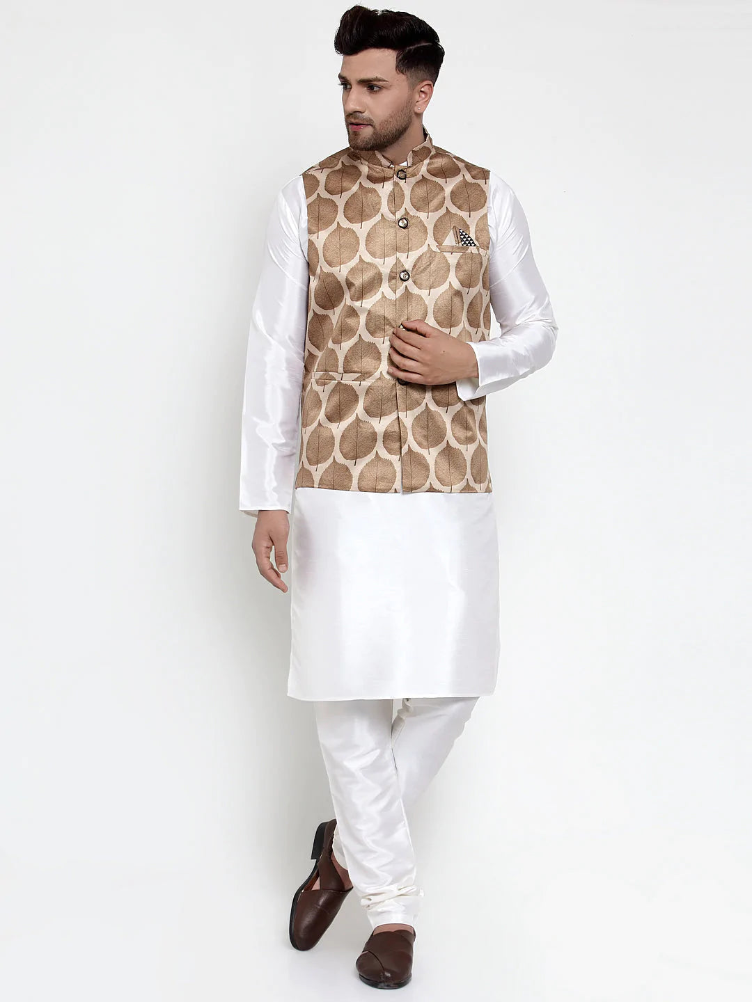 Jompers Men's Solid Dupion Kurta Pajama with Printed Nehru Jacket ( JOKPWC OW-D 4014Brown )