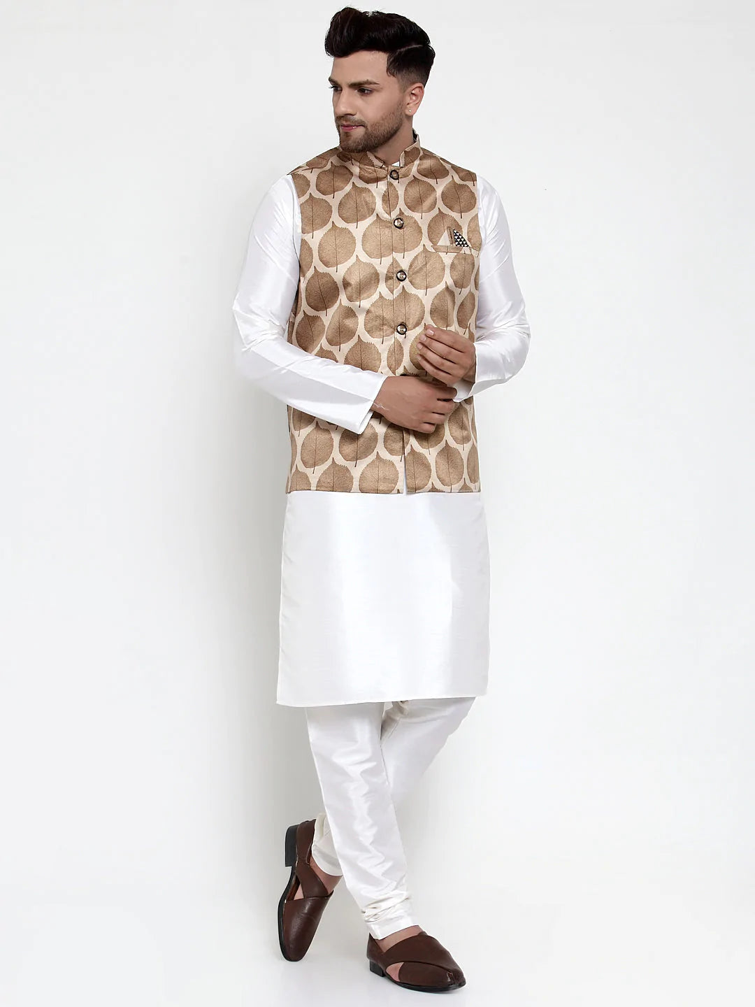 Jompers Men's Solid Dupion Kurta Pajama with Printed Nehru Jacket ( JOKPWC OW-D 4014Brown )