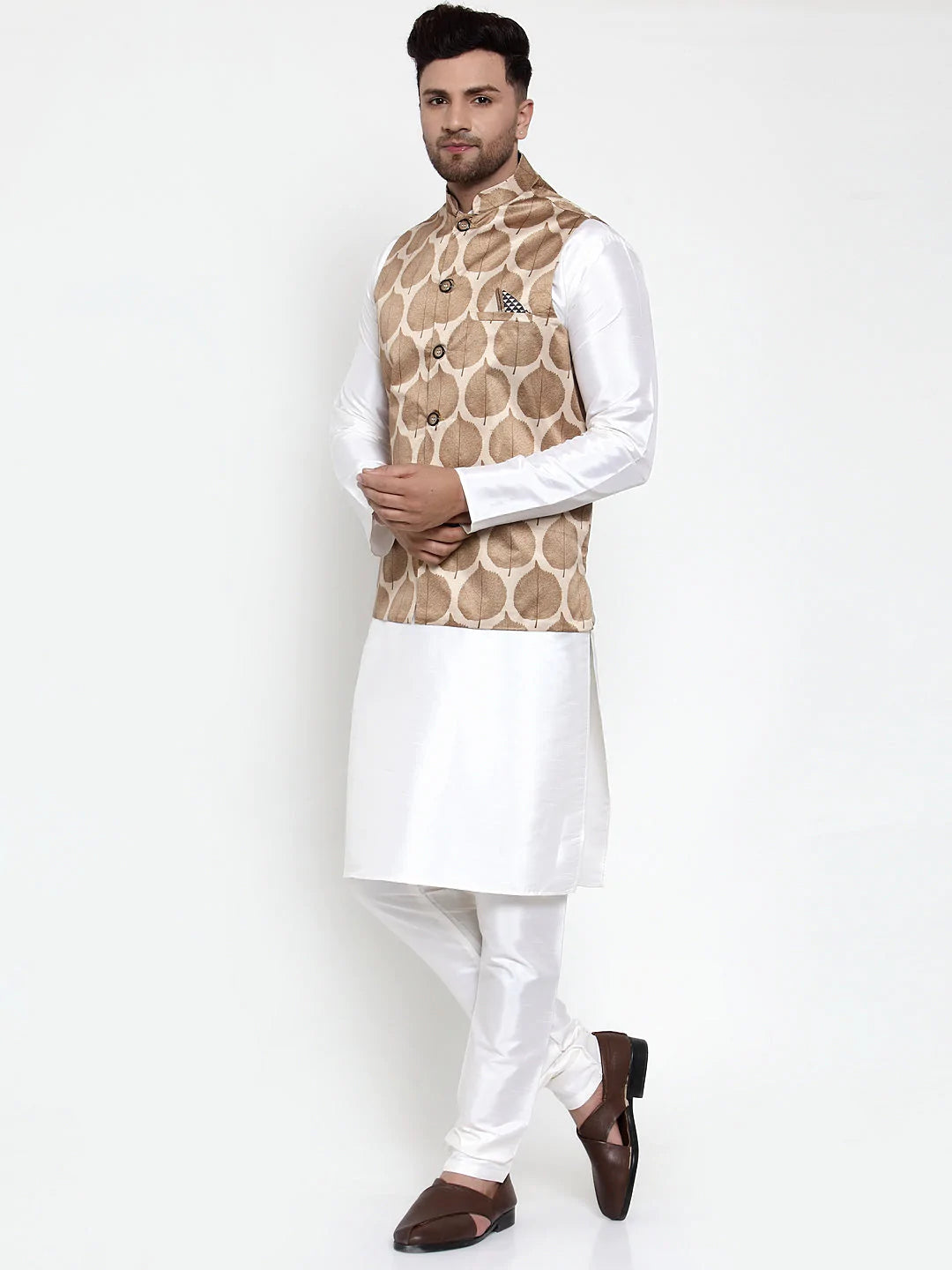 Jompers Men's Solid Dupion Kurta Pajama with Printed Nehru Jacket ( JOKPWC OW-D 4014Brown )